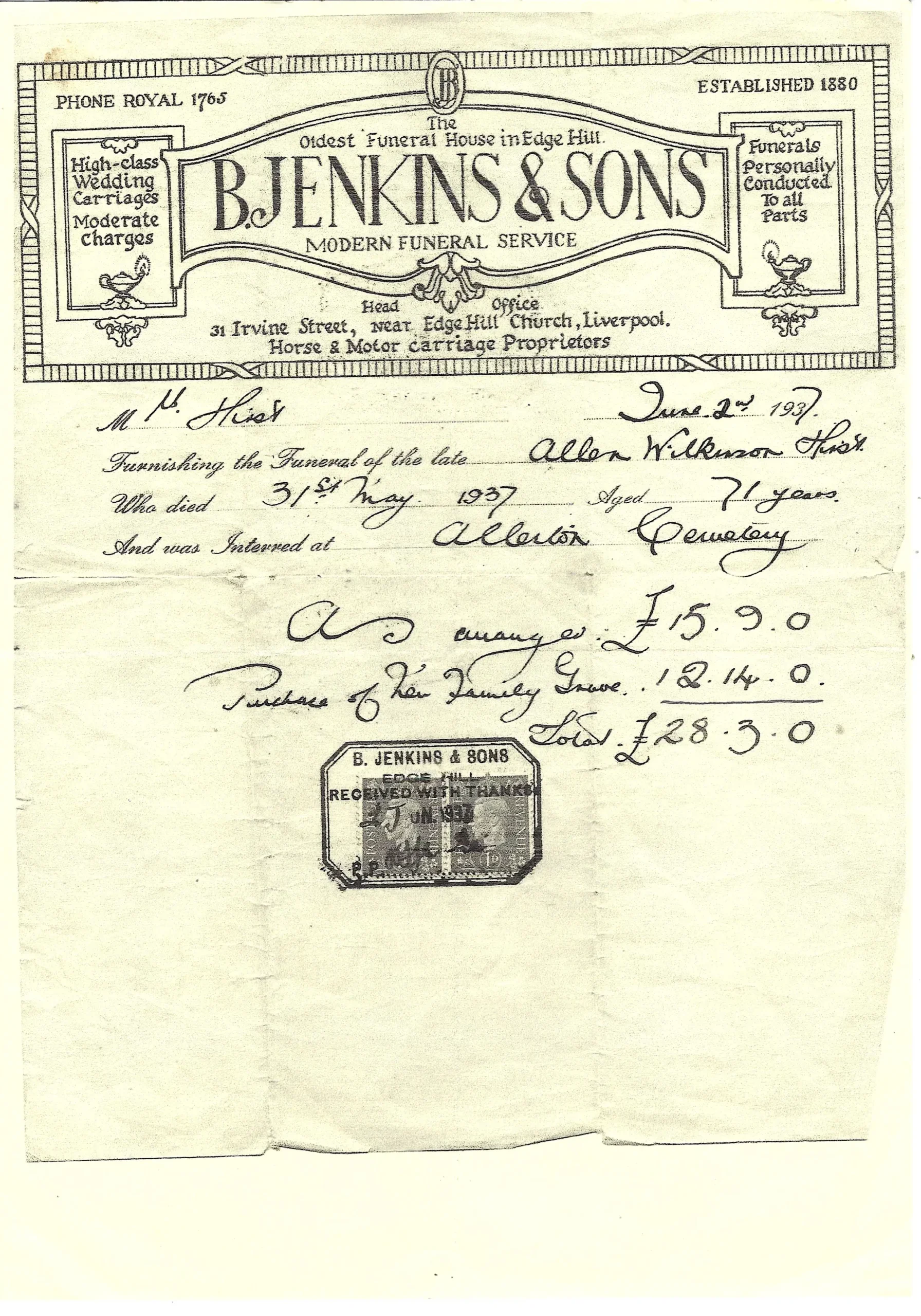 An old Funeral Account Invoice from 1930's